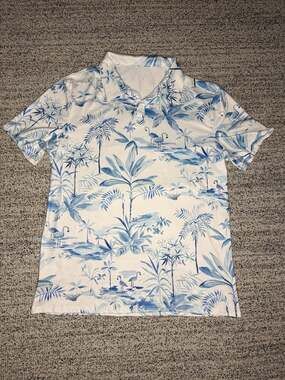 Tropical Flamingo Toile Print Polo Shirt White/Blue - Men's L Golf Vacation